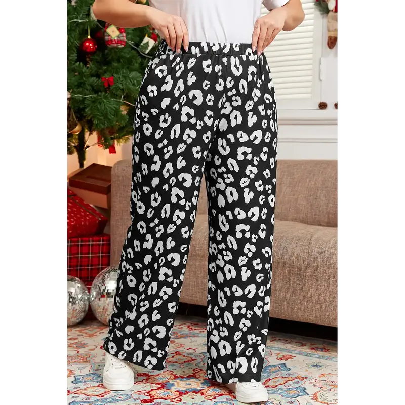 Leopard Leopard Print Wide Leg Pockets Plus Size Pants