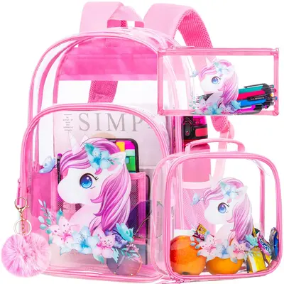 3PCS Clear Backpack for Girls, Pink Unicorn Transparent Bookbag Heavy Duty, See Through School Bag for Kids Elementary Presch...