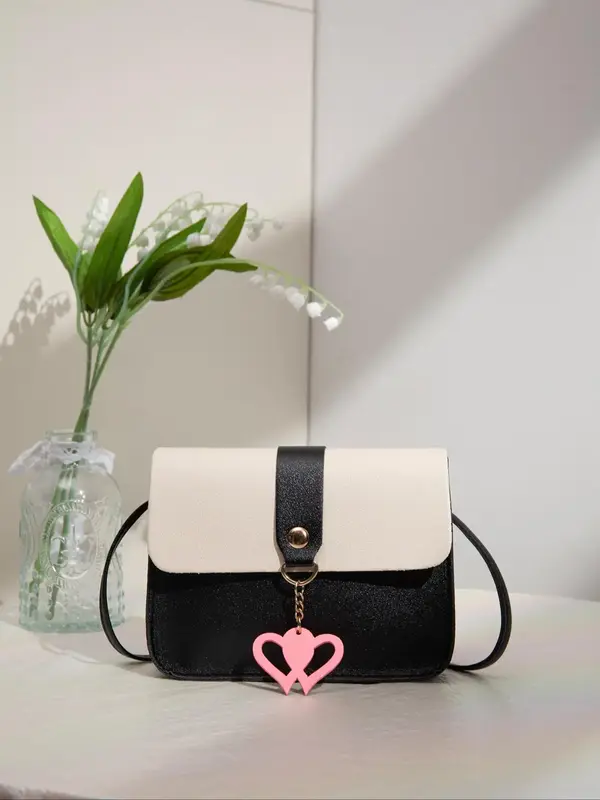Women's Minimalist Casual Colorblock Square Crossbody Bag, Fashionable Heart Design Crossbody Bag For Work & Daily Used