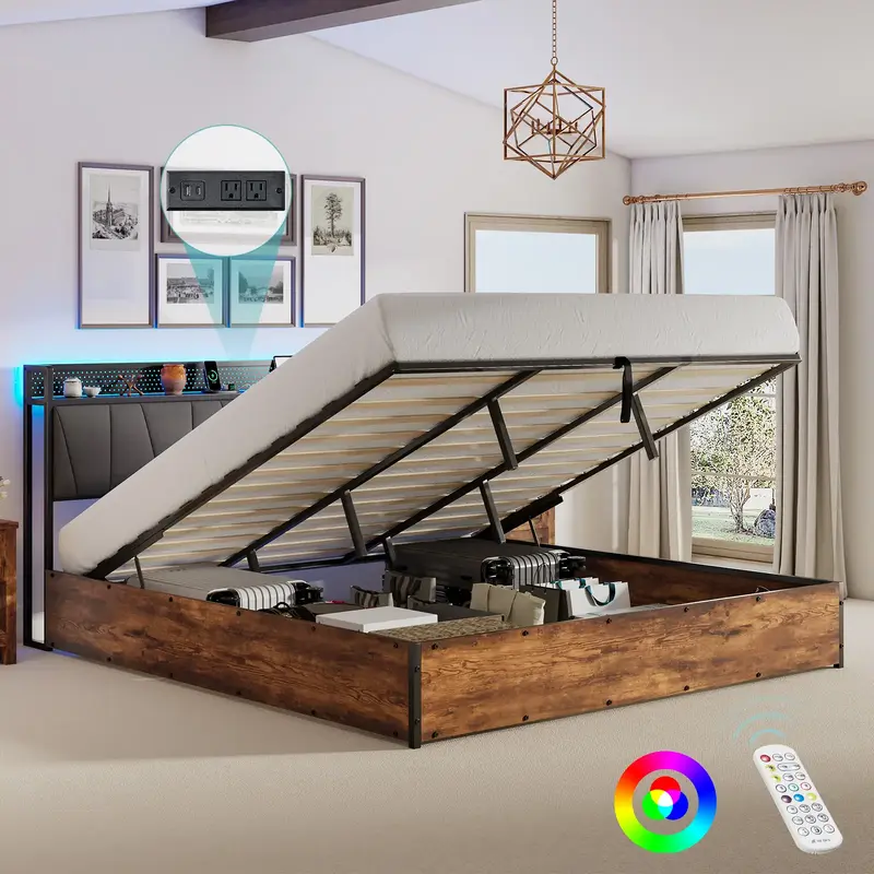 [TikTokShopfalldealsforyou]AMERLIFE King Size Lift Up Storage Bed Frame with LED Lights, Linen Upholstered Headboard with Cha...