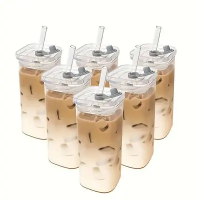 DWTS DANWEITESI 13oz Portable Square Glass Drinking Set - Eco-Friendly Drinkware Set of 4 for Iced Coffee & Beverages - Glass...