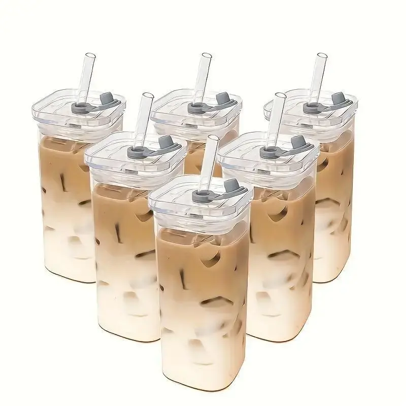 DWTS DANWEITESI 13oz Portable Square Glass Drinking Set - Eco-Friendly Drinkware Set of 4 for Iced Coffee & Beverages - Glass...