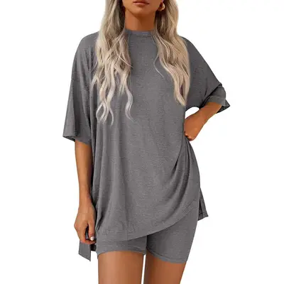 Women's Summer Two-Piece Set 2025 Casual Oversized Crewneck Split Hem Shirts & Side Pocket Biker Shorts Minimalist Lounge Wea...