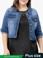 【Plus Size】 Faded Button Front Pocket Denim Jacket, Casual Long Sleeve Collared Outerwear, Women's Plus Size Clothing for...