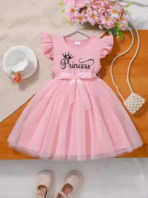 Girl's Letter Print Belted A Line Tutu Dress, Cute Cap Sleeve Princess Dress for Party Holiday, Kids Summer Clothes