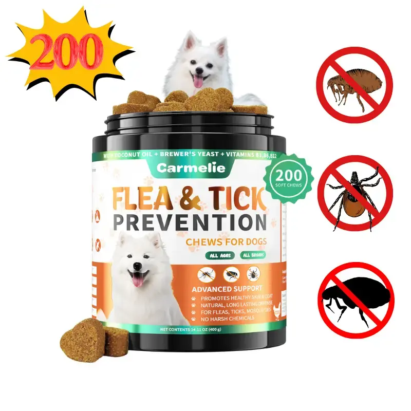 Carmelie Flea & Tick Support Chews for Dogs, Chicken Flavor, 120/200chews, For All Breeds & Ages，1-4pcs