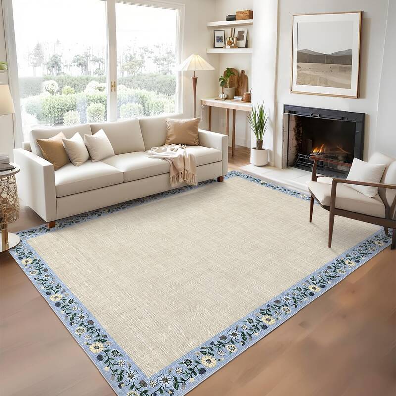 Garvee Bordered Beige 4x6 Floral Bordered Area Rug Machine Washable Non-Slip Faux Wool Cozy Low Pile Beige Living Room Bedroo...