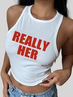 Women's Slogan Print Round Neck Tank Top, Tank Tops for Women, Fashion Casual Letter Print Crew Neck Sleeveless Top for Dai...