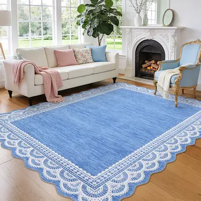 Garvee 8x10 Scalloped Lace Rug for Living Room, Washable Soft Rugs Non Slip Blue Rug Non-Shedding Low Pile Carpet for College...