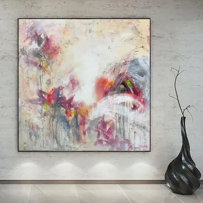 Abstract Painting on Canvas: Colorful Oil Painting in Beige and Pink Colors as Minimalist Art for Unique Office Decor or Livi...
