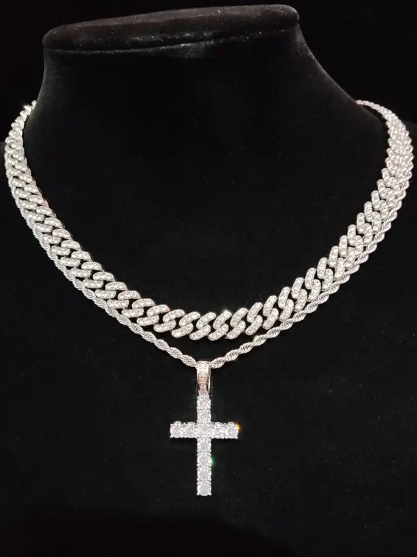 Punk Style Rhinestone Chunky Chain Necklace & Cross Pendant Necklace, Trendy Hip Hop Cuban Chain & Cross Necklace for Bf & Gf...