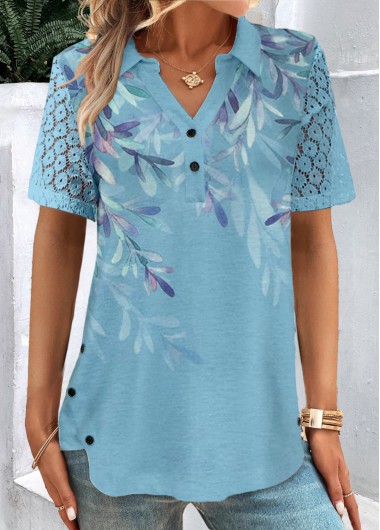 Modlily Blue Button Plants Print Short Sleeve Shirt Collar Blouse - XL