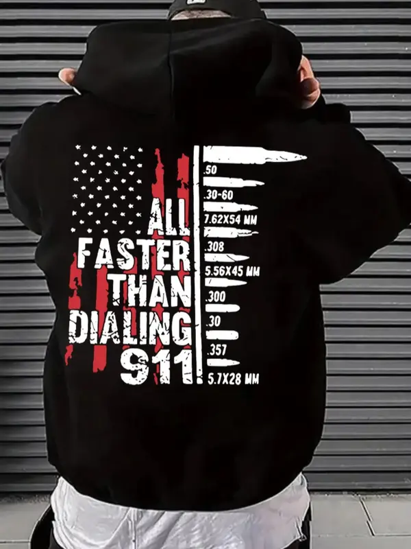 Men's Letter & Flag Print Drop Shoulder Long Sleeve Hoodie, Casual Regular Fit Graphic Drawstring Kangaroo Pocket Hooded Swea...