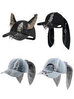 Punk Style Bunny Ears Detailed Design Baseball Cap, Adjustable Snapback Cap, Hats for Women, Fashionable Denim Hat for Men & ...