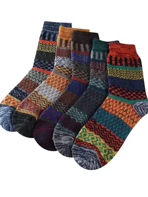 Men's 5 Pairs Colorblock Patchwork Crew Socks, Thicker Thermal Comfy Socks For Fall & Winter Daily Wear, Men Socks, Cold Weat...