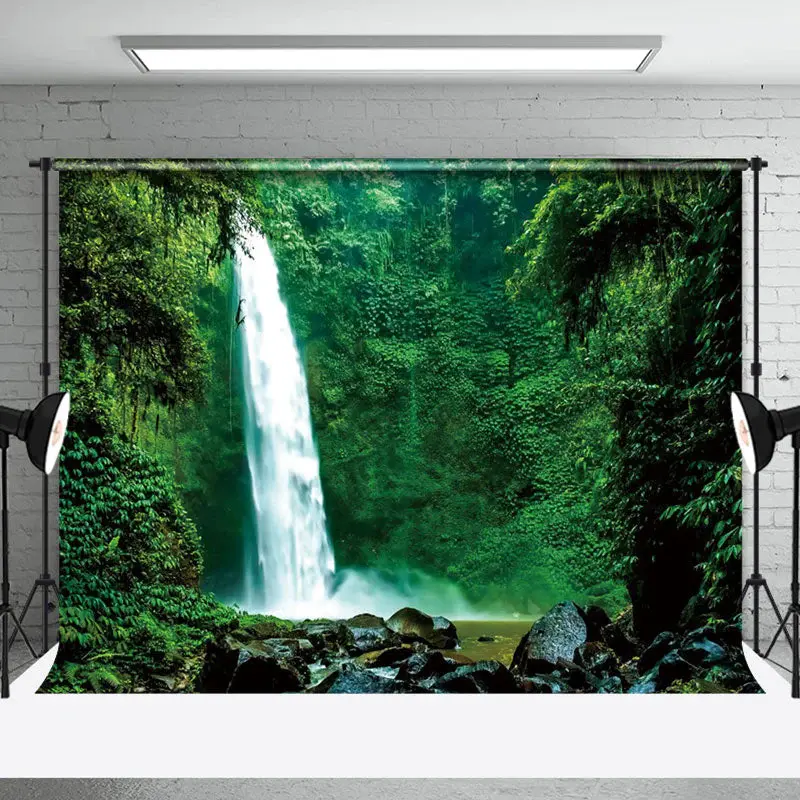 Nature Green Forest Waterfall Spring Photo Backdrop - Aperturee