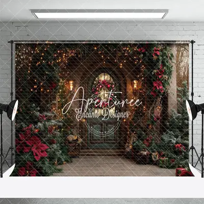 Aperturee Red Poinsettia Plant Wreath Door Christmas Backdrop, 3X2FT(1MX0.6M), 14 USD, christmas backdrops, ENHD2J20-M