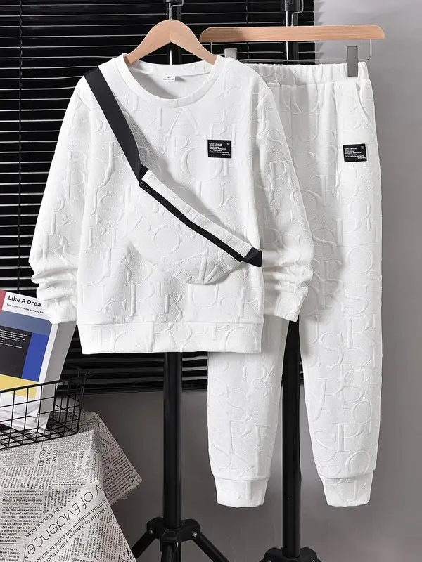 Two-piece Set Boy's Letter Print Patched Sweatshirt & Pocket Pants with Sling Bag, Casual Round Neck Long Sleeve Pullover & T...