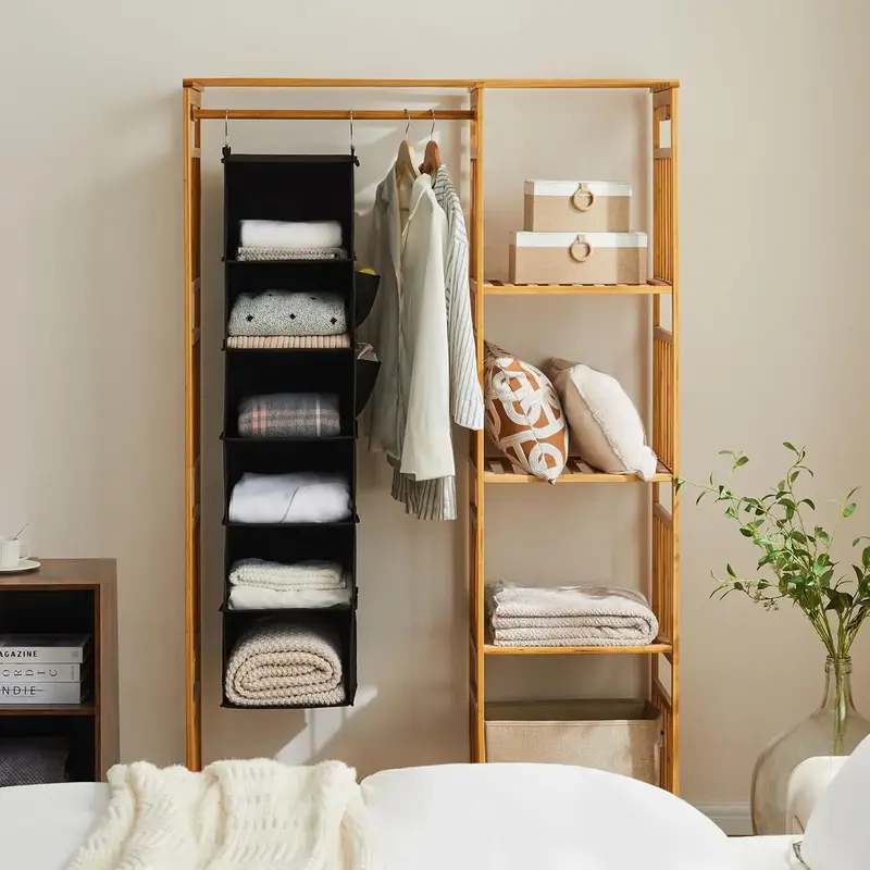 3-6 Layer Hanging Wardrobe Organizer Bag with 2 Strong Hooks, Foldable Clothes Storage with Side Pocket, Home Wardrobe Soluti...