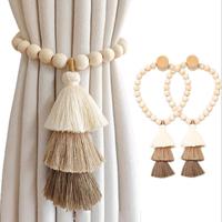 Boho Style Tassel Curtain Tieback, 2 Counts Wooden Bead Curtain Tieback with Magnetic Holder, Curtain Accessories for Home Li...