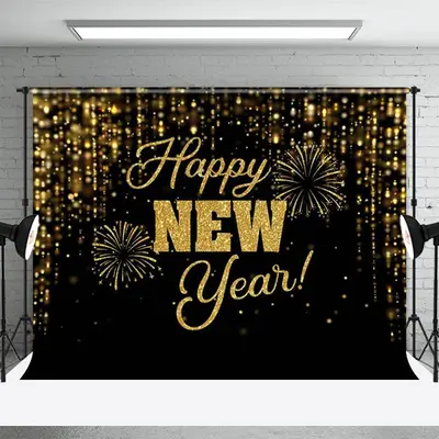 Black And Gold Glitter Spark Happy New Year Backdrop - Aperturee