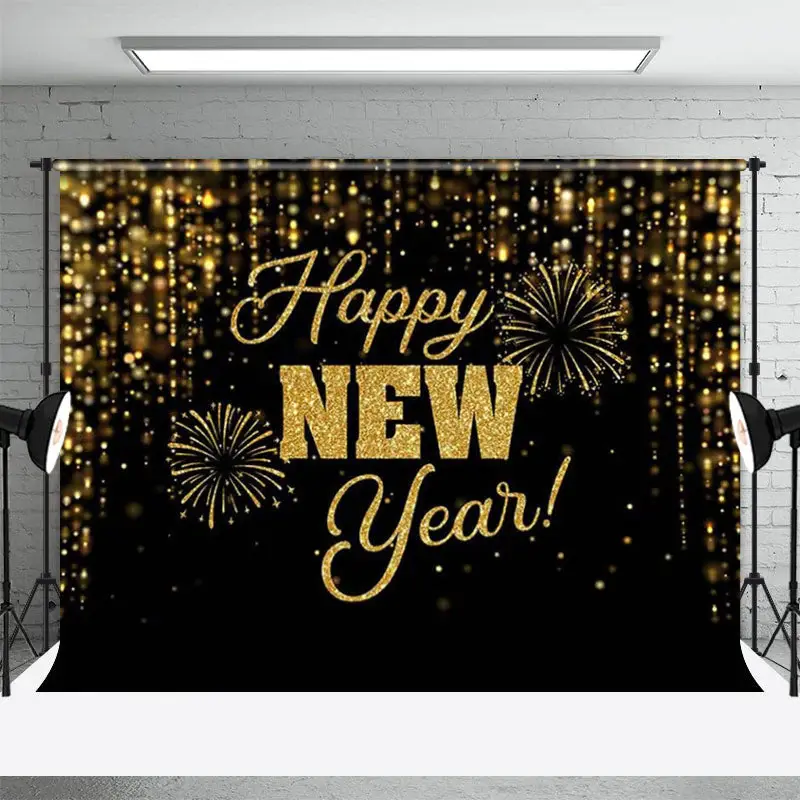 Black And Gold Glitter Spark Happy New Year Backdrop - Aperturee