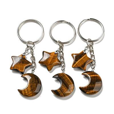 Reiki Natural Tiger Eye Moon & Star Pendant Keychains