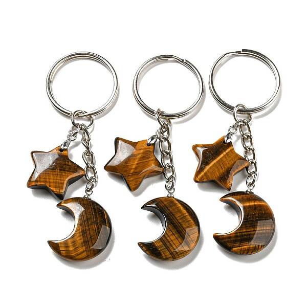 Reiki Natural Tiger Eye Moon & Star Pendant Keychains