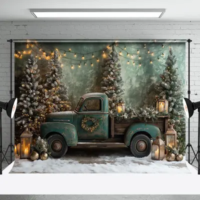 Green Retro Truck Xmas Tree Christmas Vibe Backdrop - Aperturee