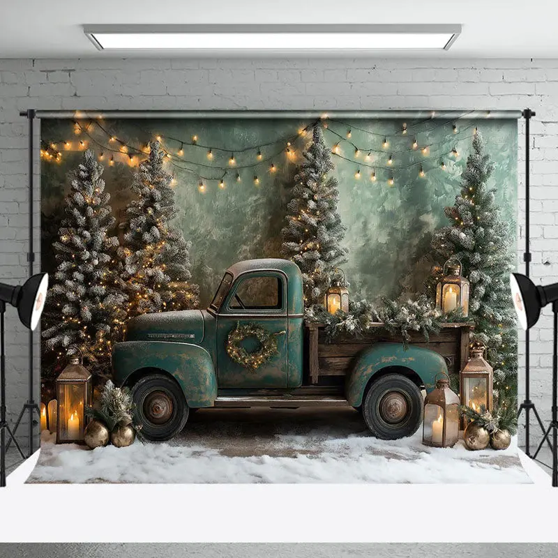 Green Retro Truck Xmas Tree Christmas Vibe Backdrop - Aperturee