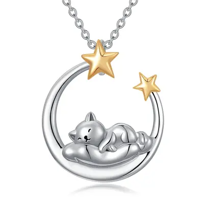 Sterling Silver Two-tone Sleeping Cat & Moon Pendant Necklace