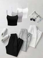 Women's Solid Crop Cami Top & Pants Set, Casual Basic Comfy Breathable Two-piece Outfits for Daily Wear, Ladies Minimalist Cl...