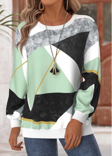 Modlily Mint Green Tummy Coverage Geometric Print Long Sleeve Sweatshirt - XL