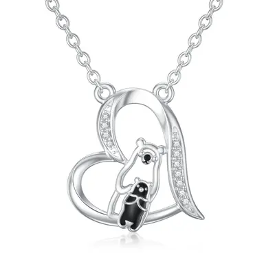 9K White Gold Circular Shaped Cubic Zirconia Bear & Heart Pendant Necklace