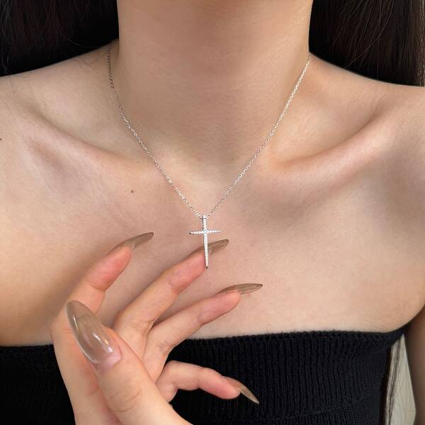Religion Cross 925 Sterling Silver Pave Cubic Zirconia Pendant Necklaces for Women
