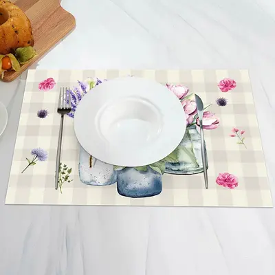 Floral Vase Beige Plaid Rustic Set Of 4 Placemats - Aperturee