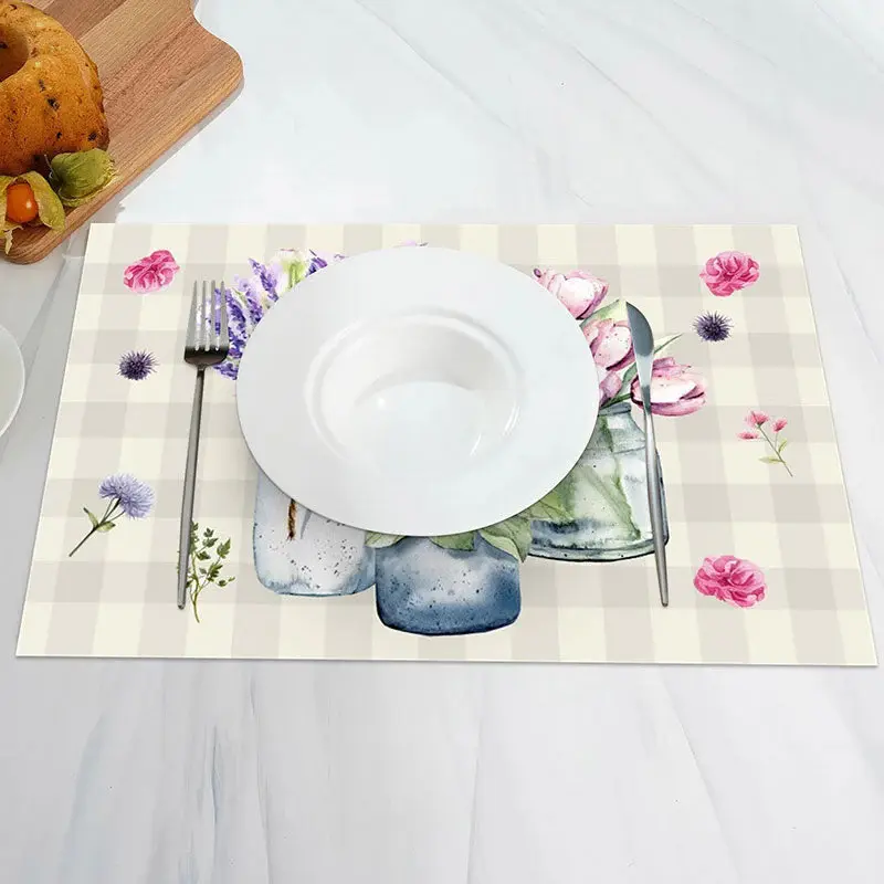 Floral Vase Beige Plaid Rustic Set Of 4 Placemats - Aperturee