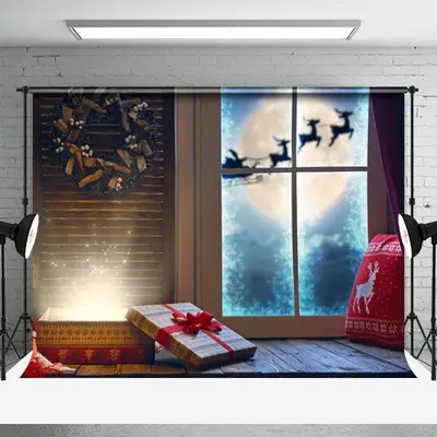 Window Elks Wreath Gifts Photo Christmas Backdrop - Aperturee