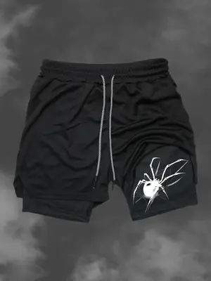 Men's Regular Fit 2 in 1 Spider Print Drawstring Sports Shorts, Gym Shorts, Casual Pocket Elastic Waist Track Shorts for Sum...