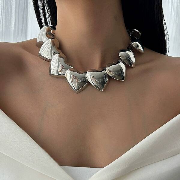 Iron 3D Heart Link Chain Choker Necklaces for Women