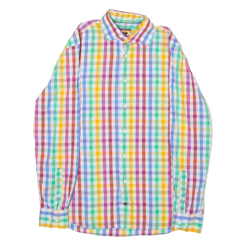 TOMMY HILFIGER Tailored Fitted Mens Shirt Yellow Check Long Sleeve L