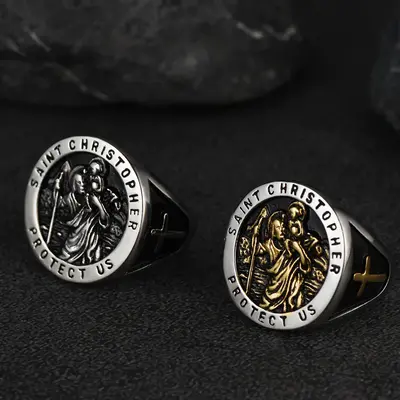 FaithHeart St. Christopher Signet Ring for Men Stainless Steel
