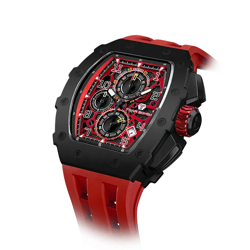 TSAR BOMBA Men's Affordable Luxury Quartz Watch | Black Red | Tonneau Case | Seiko Quartz Movement | 5ATM Waterproof Silicone...