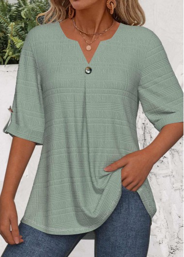 Modlily Green Button 3/4 Sleeve Split Neck Blouse - M