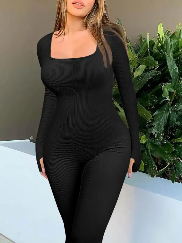 Women's Solid Square Neck Long Sleeve Sports Jumpsuit, Casual Sporty Seamless One-piece Jumpsuit for Yoga Gym Workout Running...