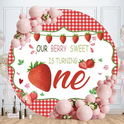Aperturee Sweet Strawberry Happy Birthday Round Backdrop