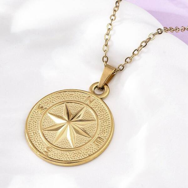 Compass 304 Stainless Steel Pendant Necklaces