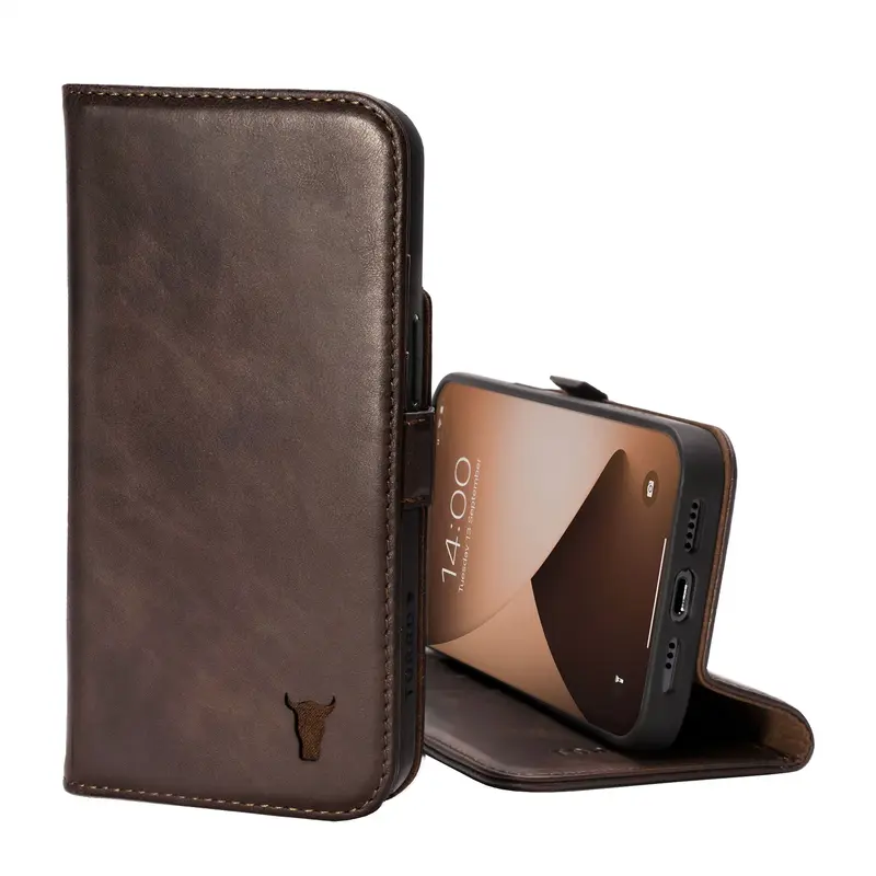 Apple iPhone 14 Leather Wallet Case (with Stand function) - Dark Brown