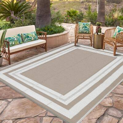Garvee Outdoor Grey Beige 9x18 Rug Waterproof Reversible Plastic Straw Mat with UV Protection, Portable, Foldable for Patio, ...