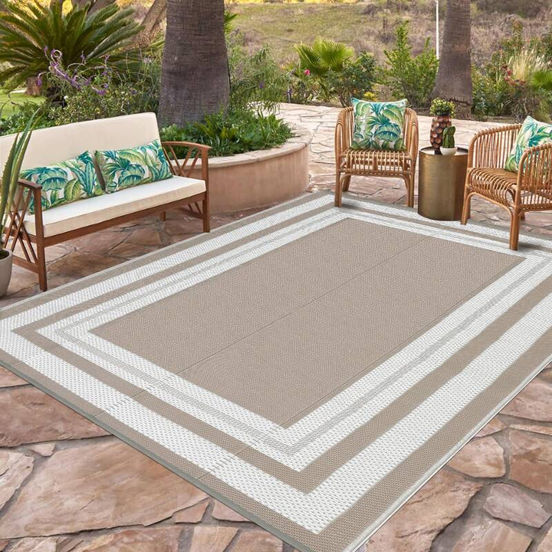 Garvee Outdoor Grey Beige 9x18 Rug Waterproof Reversible Plastic Straw Mat with UV Protection, Portable, Foldable for Patio, ...